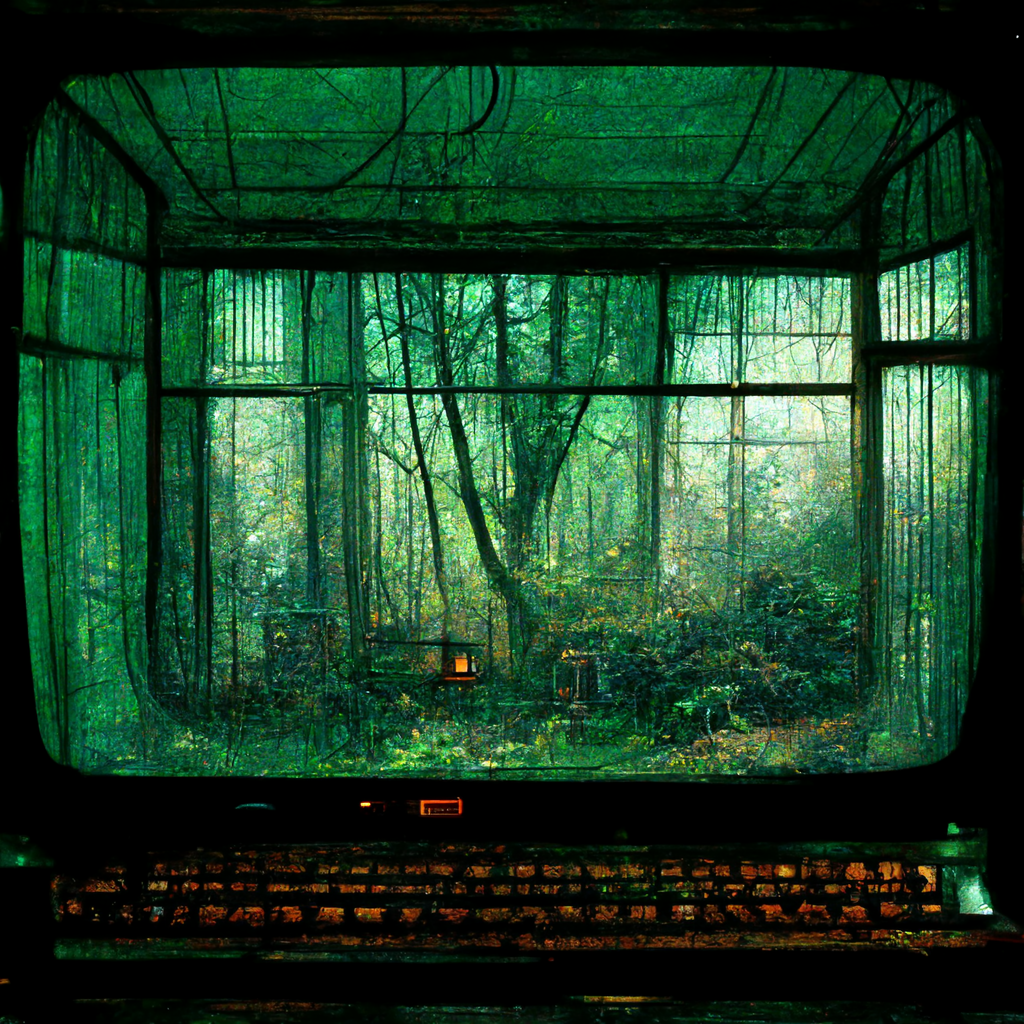 an old computer powered on in a dark green room with wires from ceiling in front of a window, a forest outside window